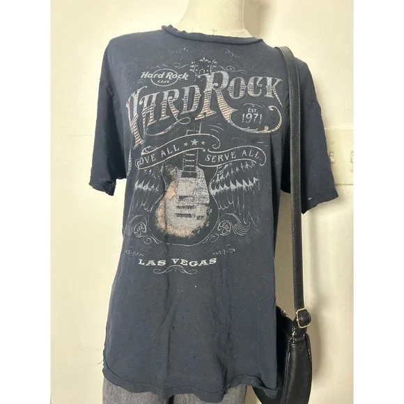 y2k Hard Rock Cafe Las Vegas Distressed Graphic Tee Faded Black Guitar Small - Picture 2 of 6